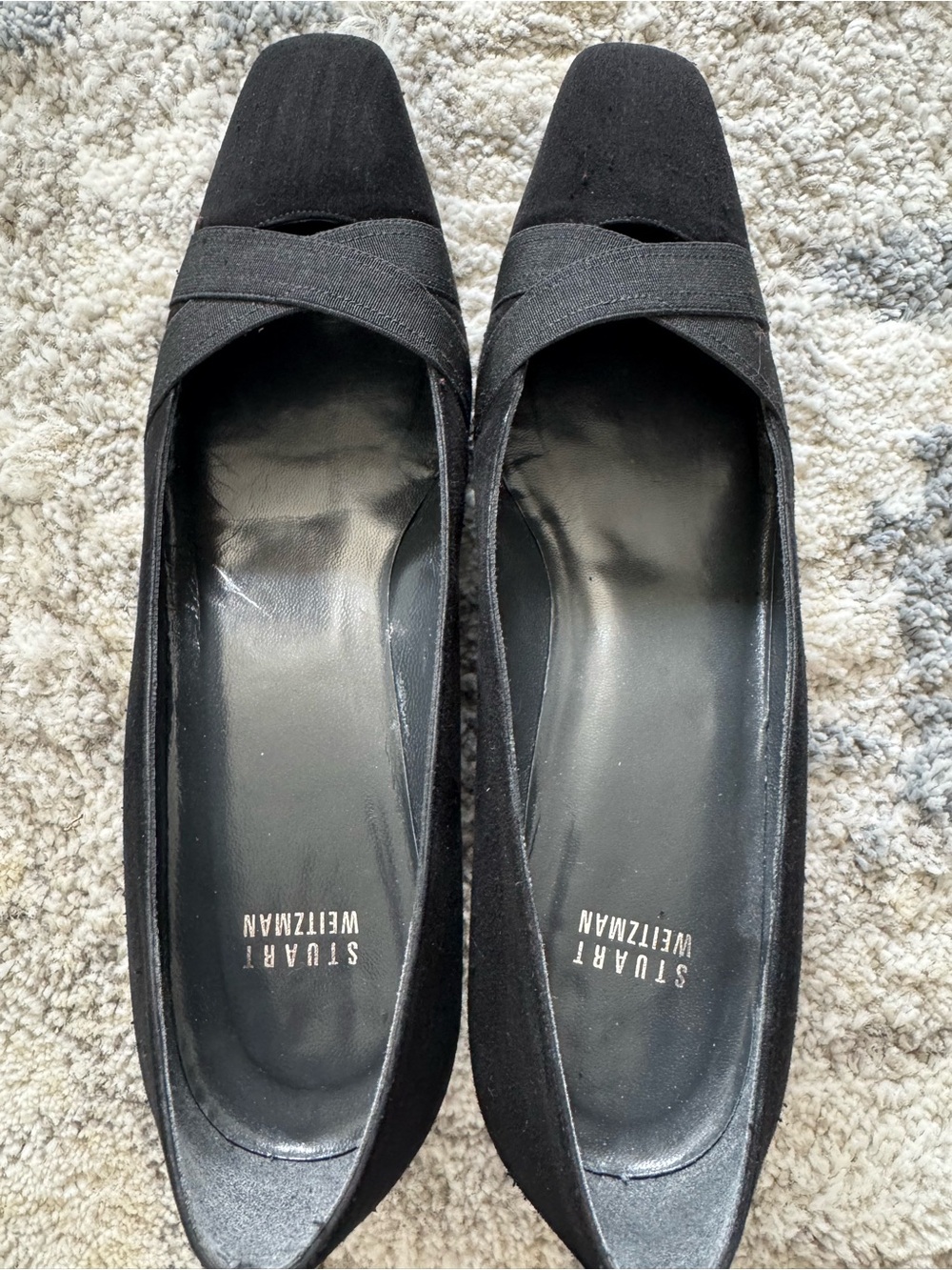 Stuart Weitzman Women’s Black Suede Vintage Cross-Band Square Toe Pumps 9.5M